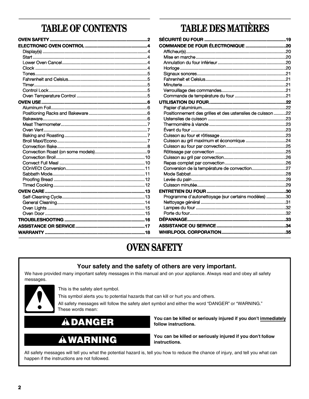 Whirlpool GSC309 manual Oven Safety, Danger, Your safety and the safety of others are very important, Table Des Matières 