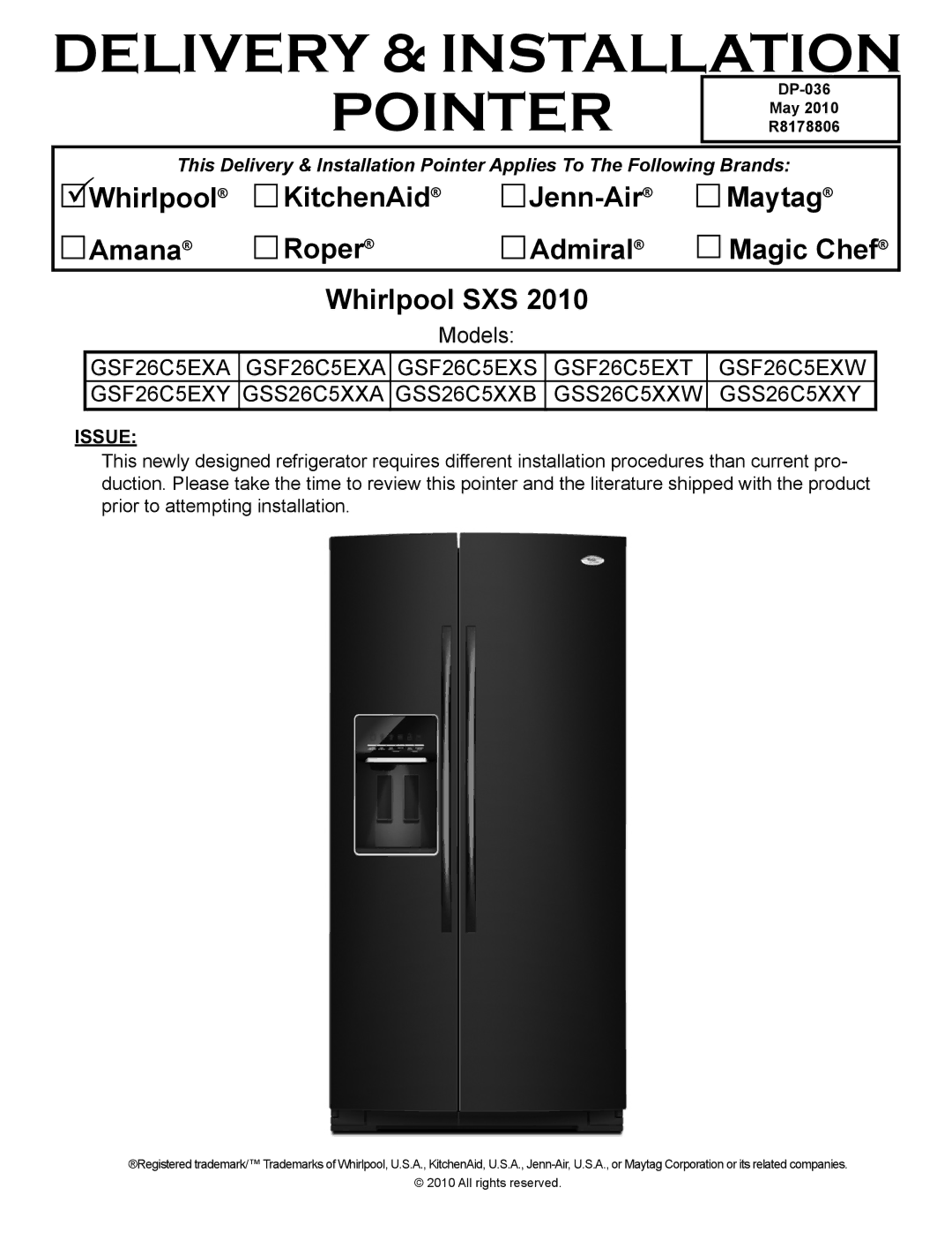 Whirlpool GSF26C5EXA manual Issue, DP-036, R8178806 