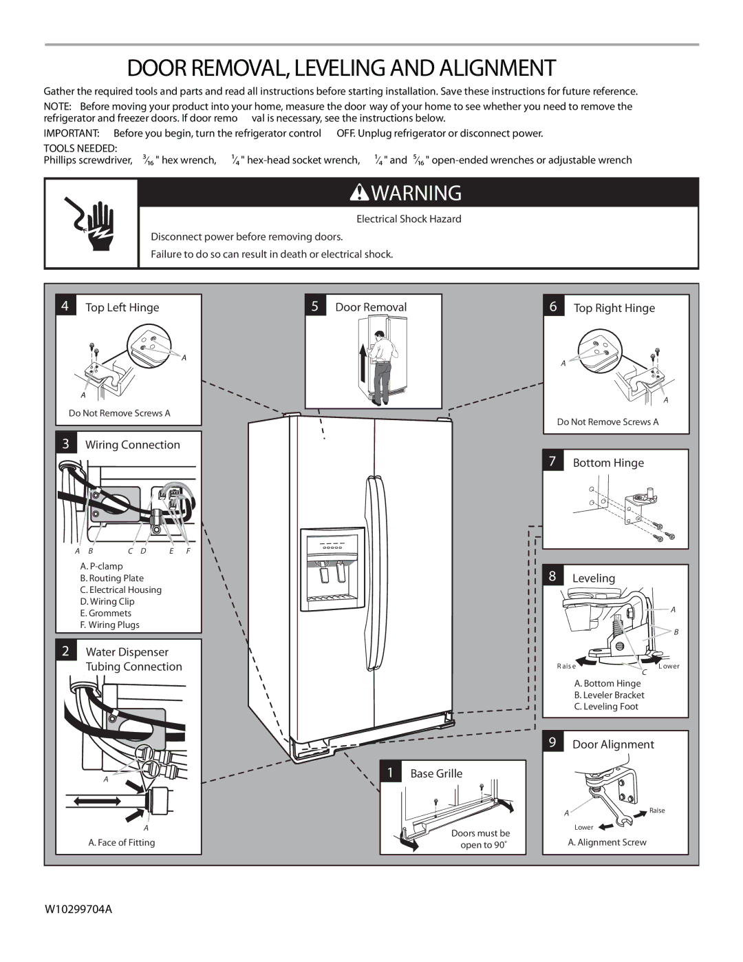 Whirlpool GSF26C5EXA manual Door REMOVAL, Leveling and Alignment 