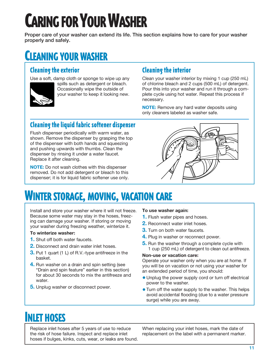 Whirlpool GSL9365EQ0 warranty Cleaning Your Washer, Inlet Hoses, Cleaning the exterior, Cleaning the interior 