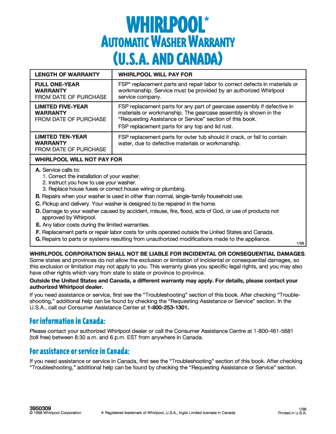 Whirlpool GSL9365EQ0 warranty U.S.A. And Canada, Automatic Washer Warranty, For information in Canada, Whirlpool 