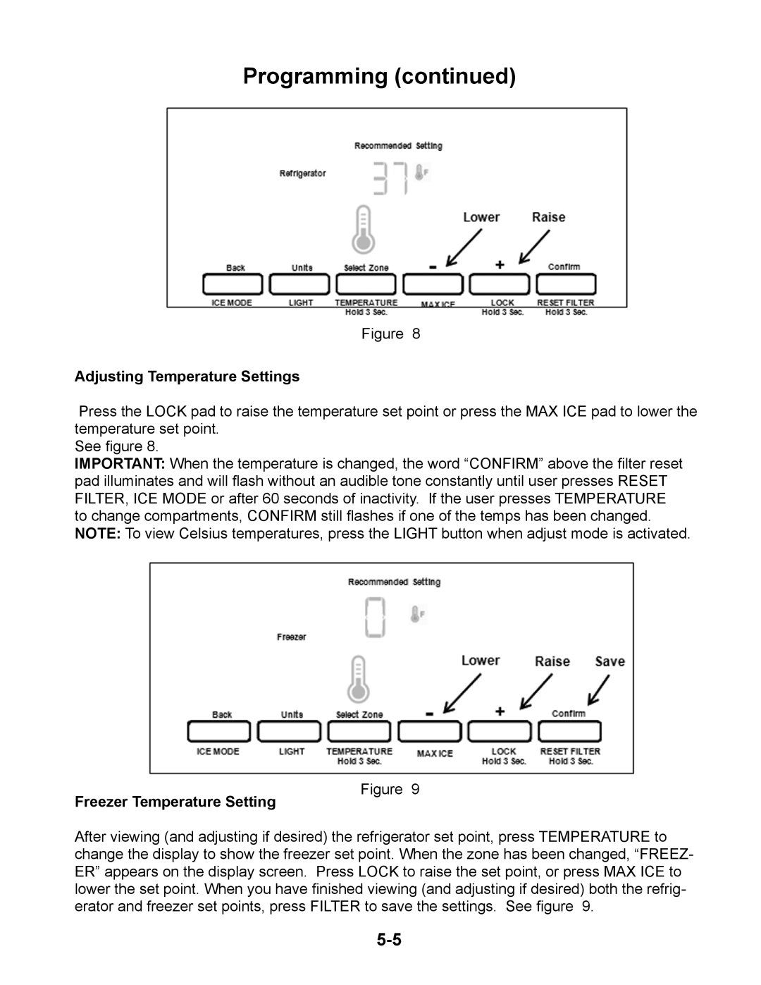 Whirlpool GSF26C5EXW, GSS26C5XXW manual Adjusting Temperature Settings, Freezer Temperature Setting 