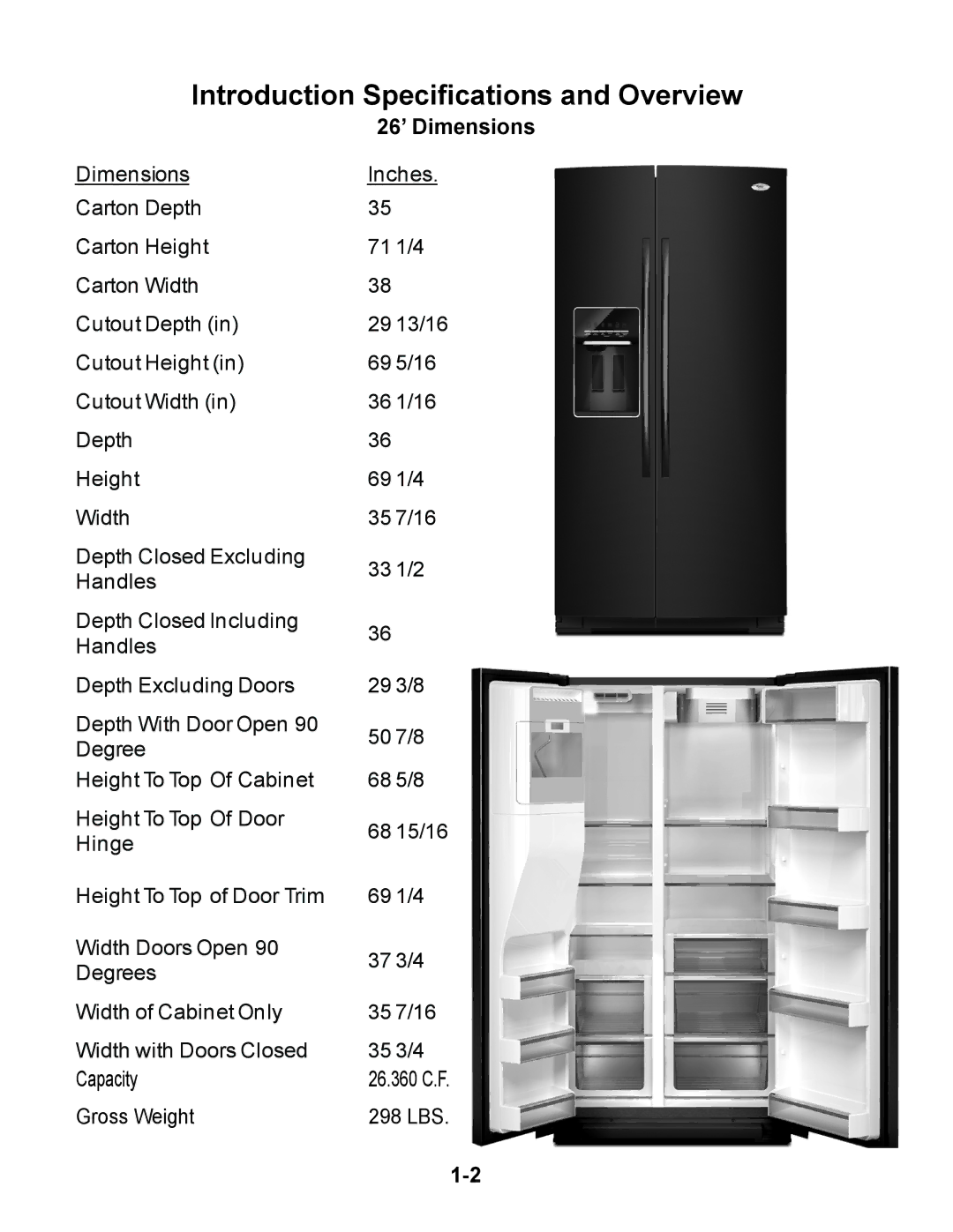 Whirlpool GSS26C5XXW, GSF26C5EXW manual Introduction Specifications and Overview, 26’ Dimensions 