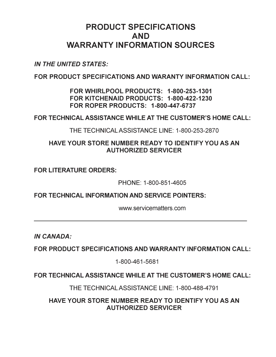 Whirlpool GSF26C5EXW, GSS26C5XXW manual Product Specifications Warranty Information Sources, For Roper Products 