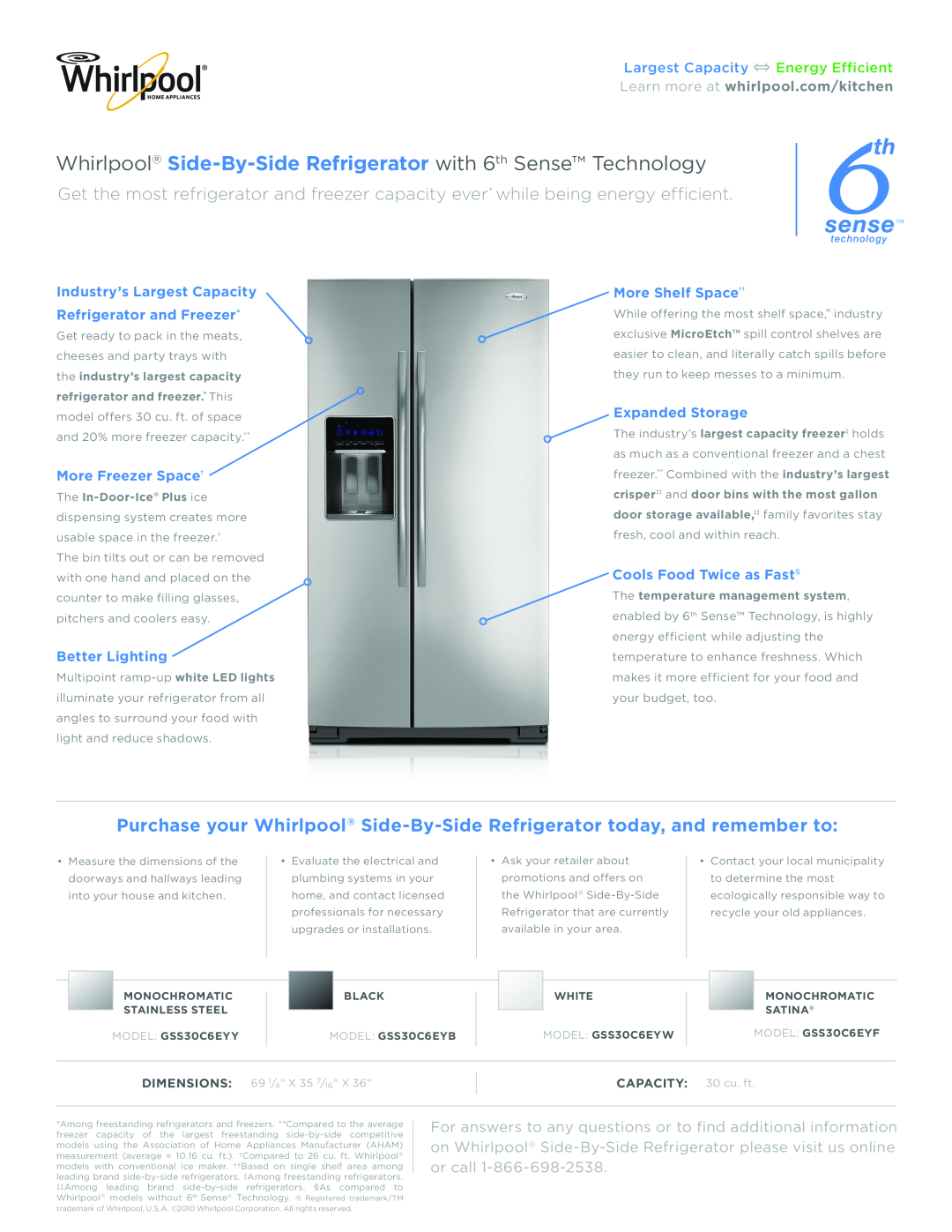 Whirlpool GSS30C6EYW dimensions Whirlpool Side-By-Side Refrigerator with 6th Sense Technology, More Freezer Space† 