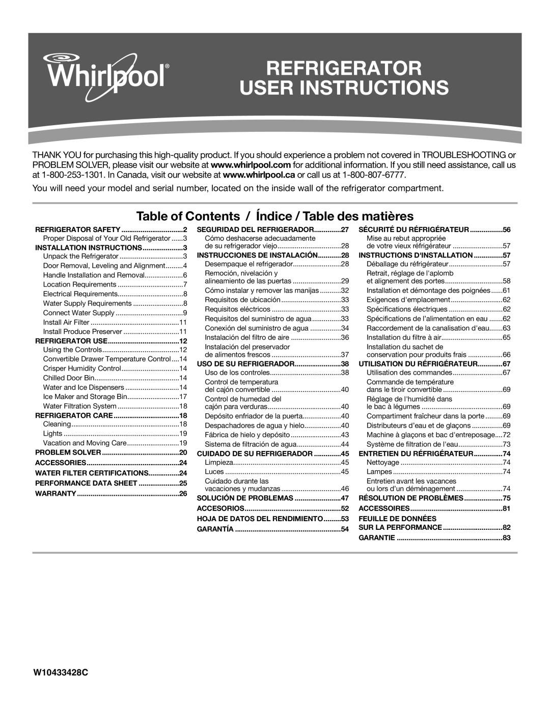 Whirlpool GSS30C6EYY installation instructions Refrigerator User Instructions 