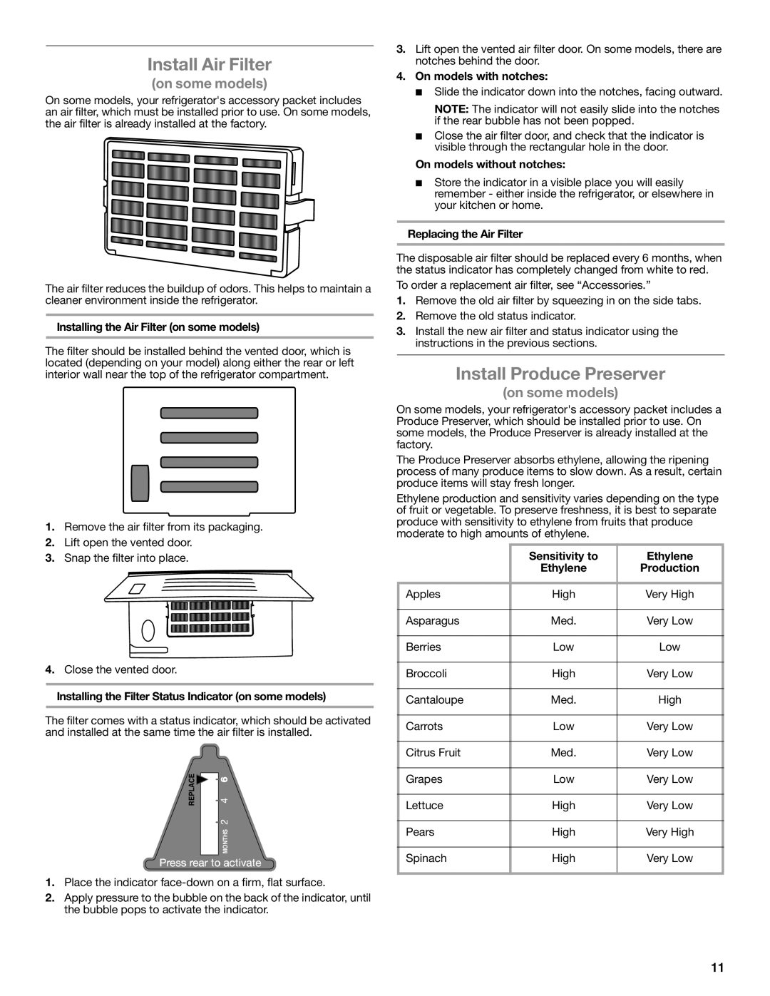 Whirlpool GSS30C6EYY installation instructions Install Air Filter, Install Produce Preserver 