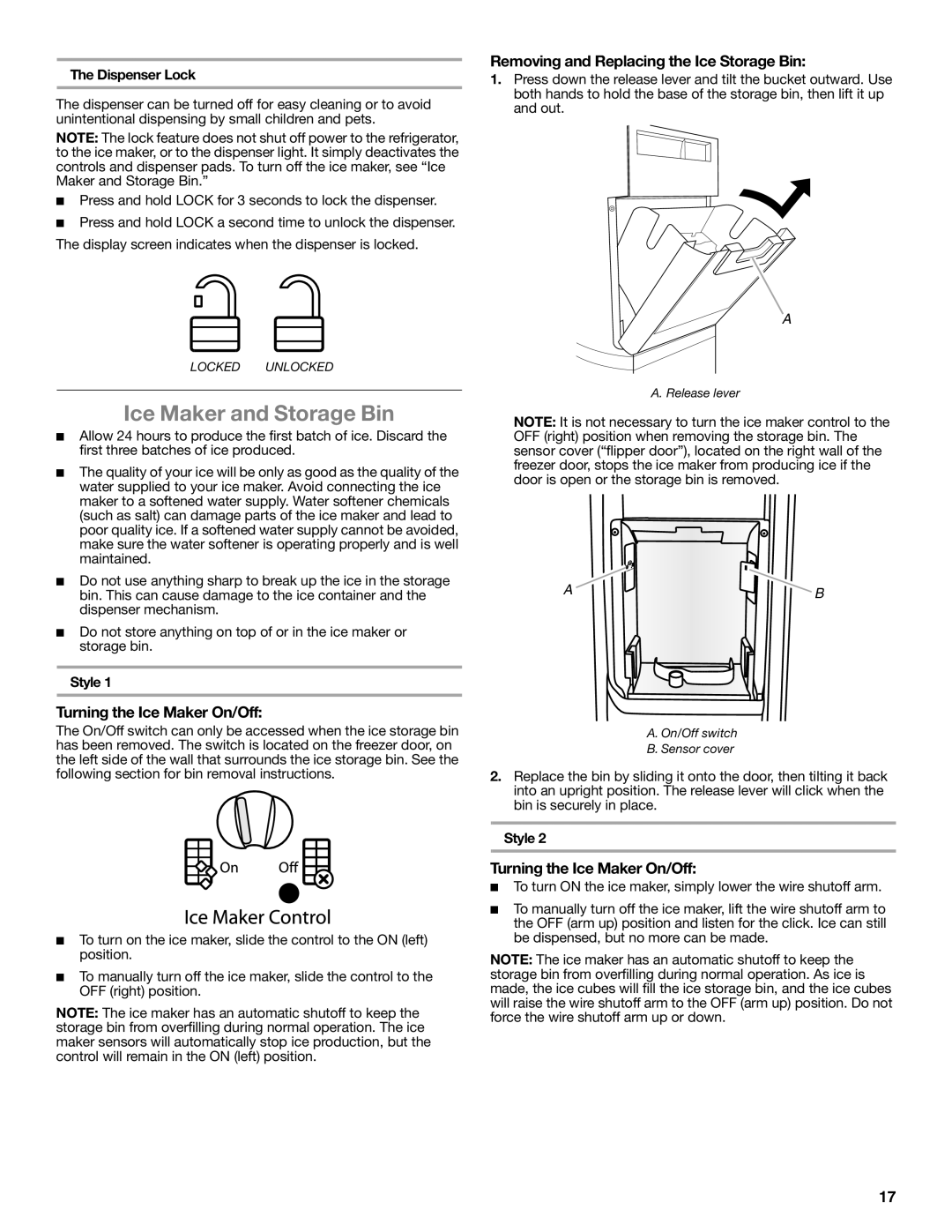 Whirlpool GSS30C6EYY Ice Maker and Storage Bin, Turning the Ice Maker On/Off, Removing and Replacing the Ice Storage Bin 