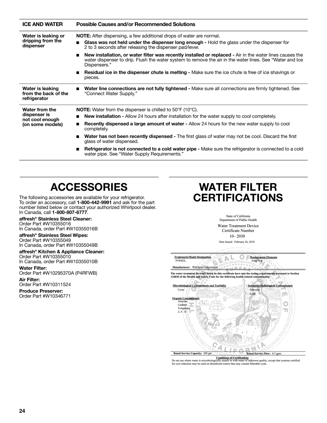 Whirlpool GSS30C6EYY installation instructions Accessories, Water Filter Certifications 