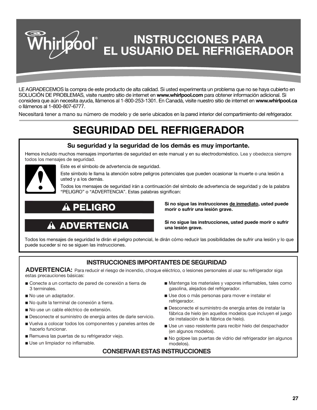 Whirlpool GSS30C6EYY installation instructions Instrucciones Para EL Usuario DEL Refrigerador, Seguridad DEL Refrigerador 