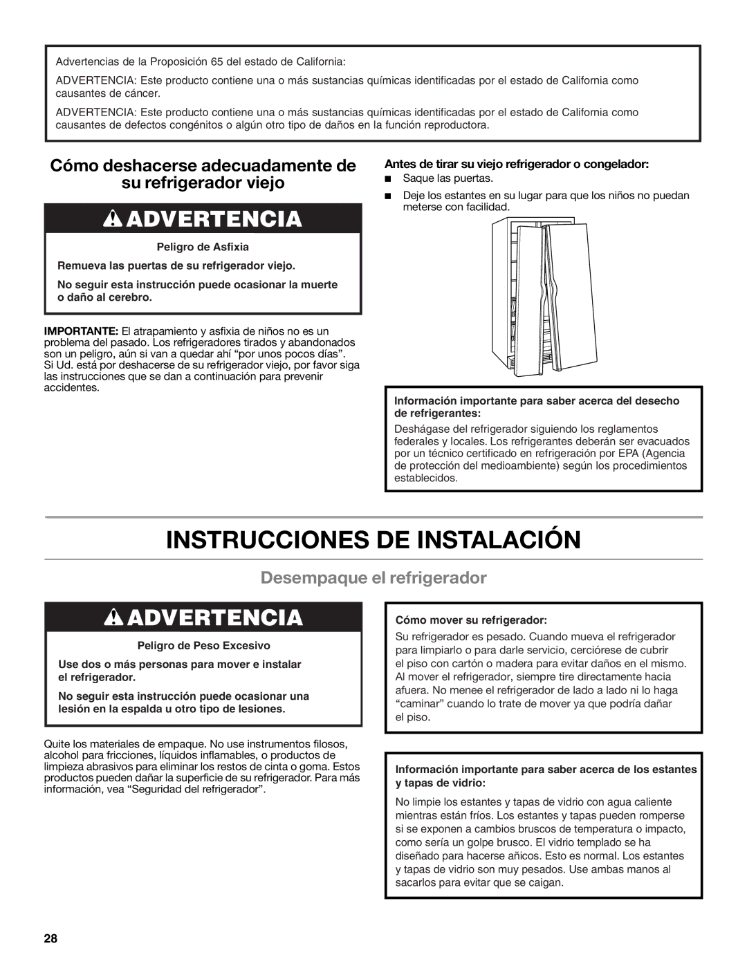 Whirlpool GSS30C6EYY installation instructions Instrucciones DE Instalación, Desempaque el refrigerador 