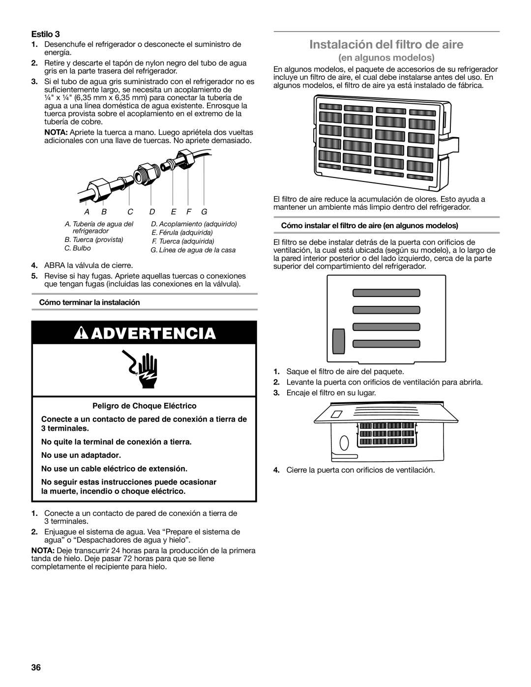 Whirlpool GSS30C6EYY installation instructions Instalación del filtro de aire, Cómo terminar la instalación 