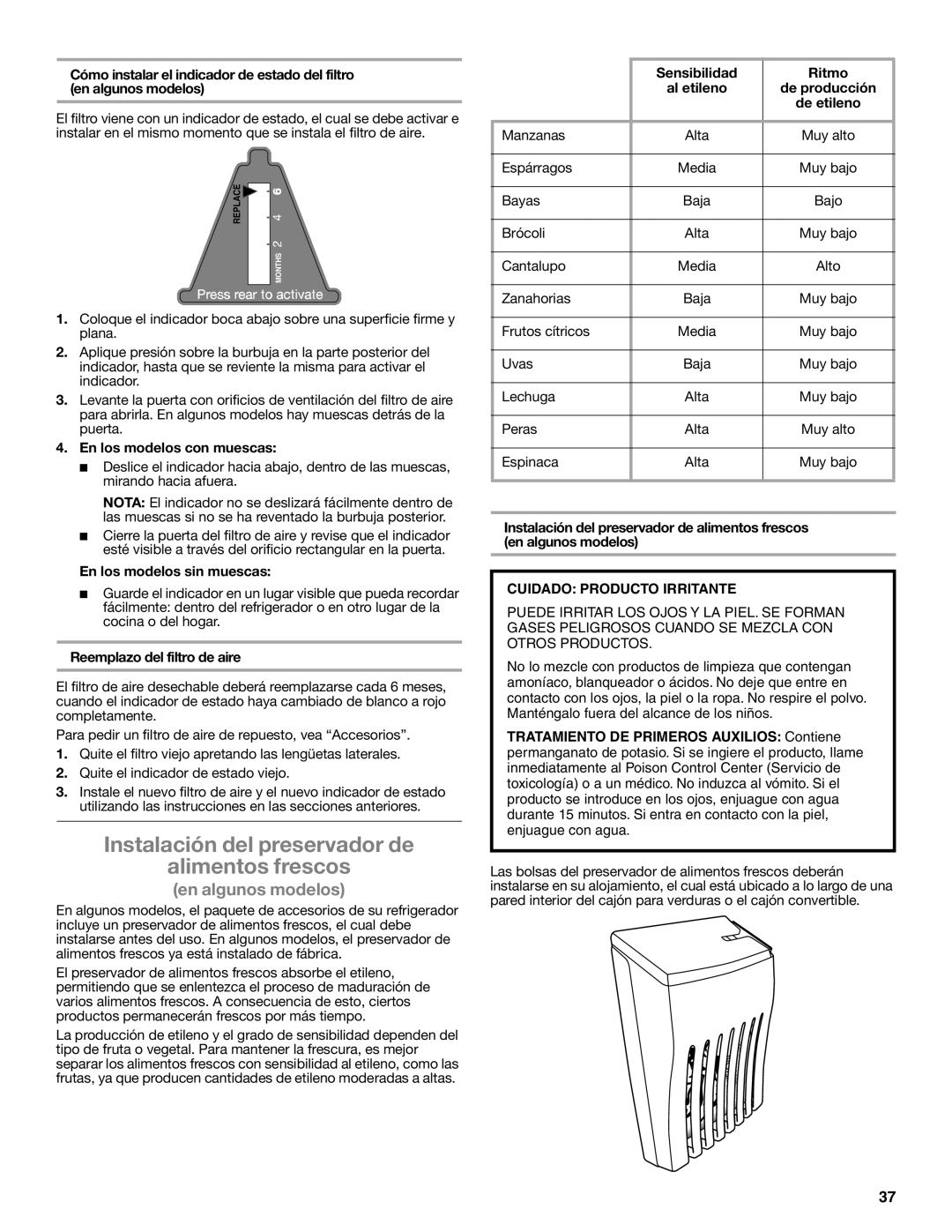 Whirlpool GSS30C6EYY installation instructions Instalación del preservador de Alimentos frescos, En los modelos con muescas 