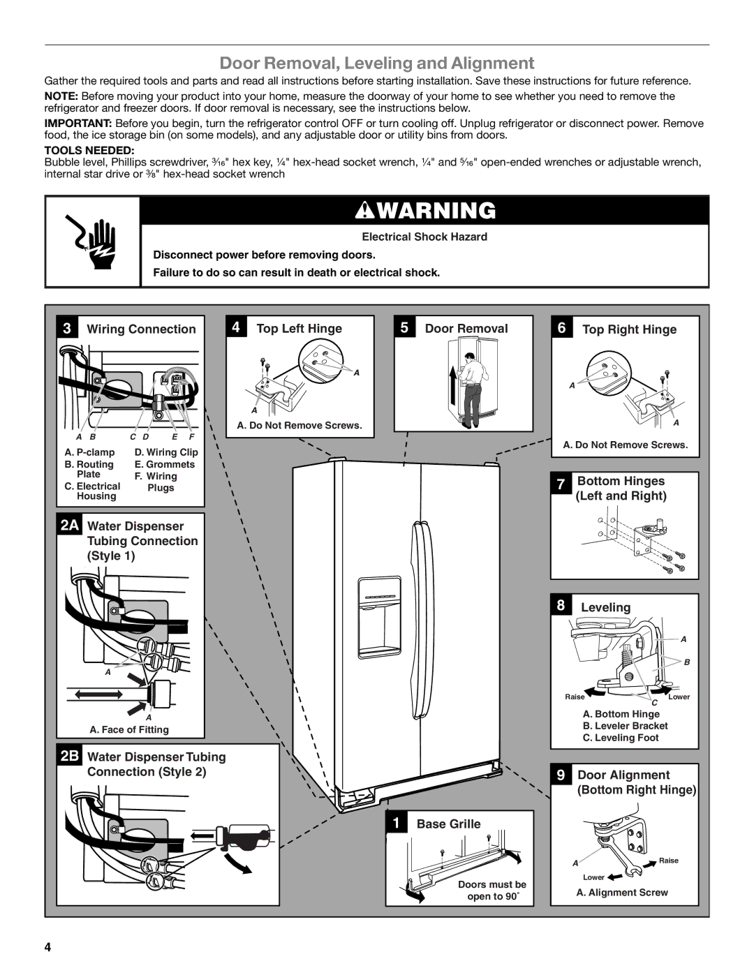 Whirlpool GSS30C6EYY installation instructions Door Removal, Leveling and Alignment, Tools Needed 