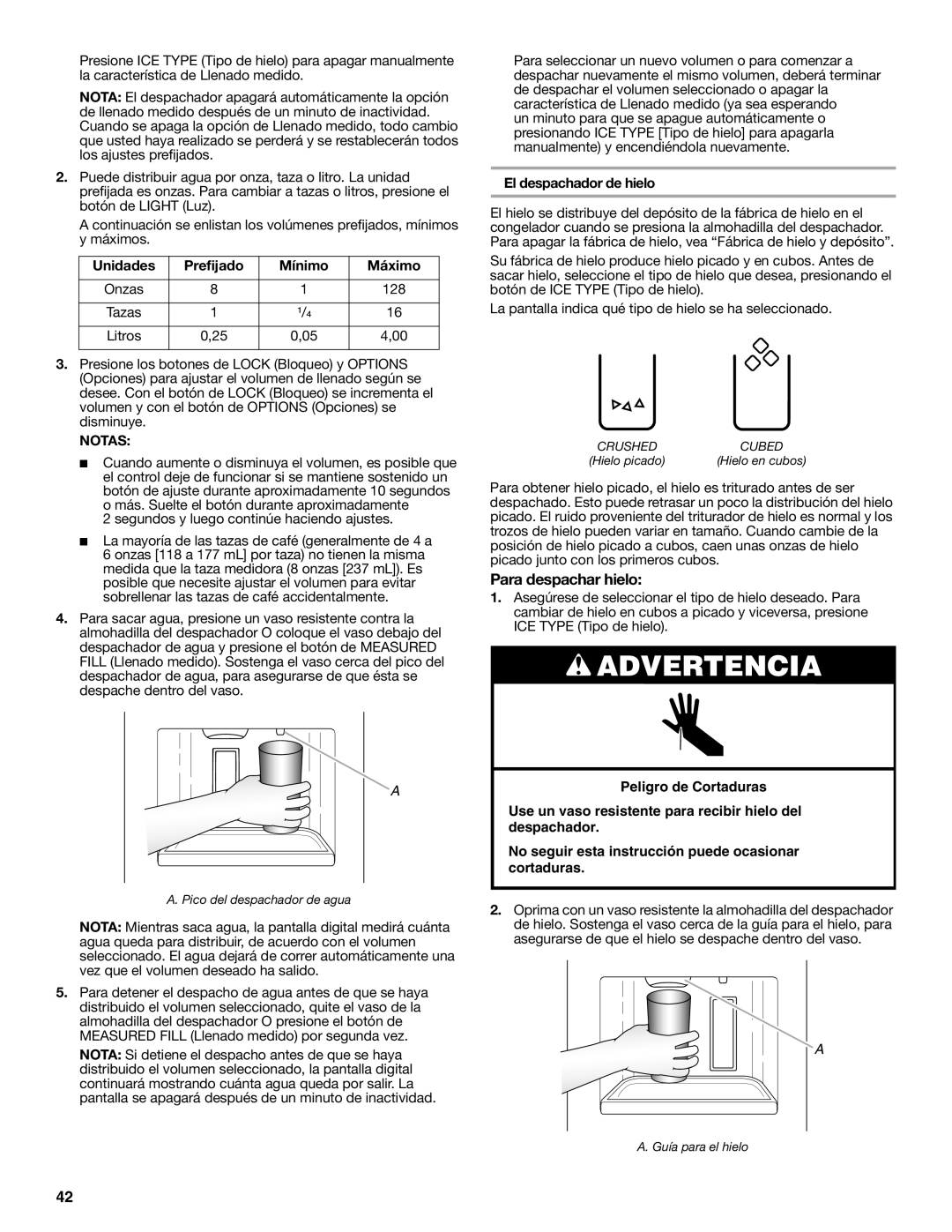 Whirlpool GSS30C6EYY Para despachar hielo, Unidades Prefijado Mínimo Máximo, El despachador de hielo 