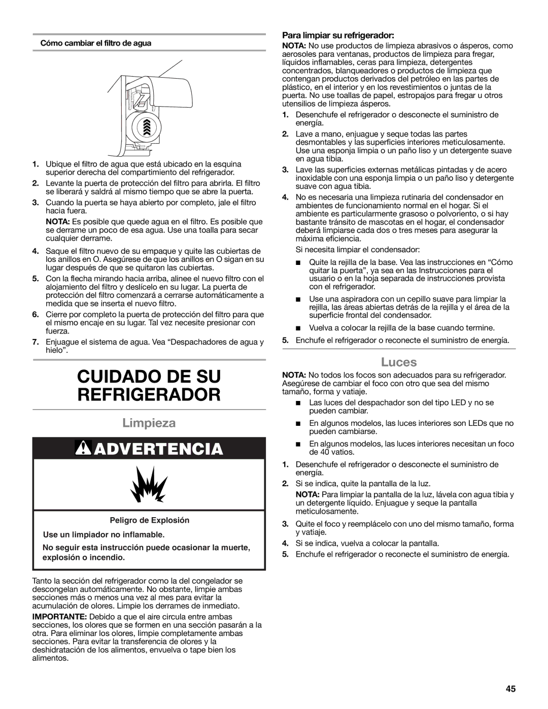 Whirlpool GSS30C6EYY installation instructions Cuidado DE SU Refrigerador, Limpieza, Luces, Para limpiar su refrigerador 