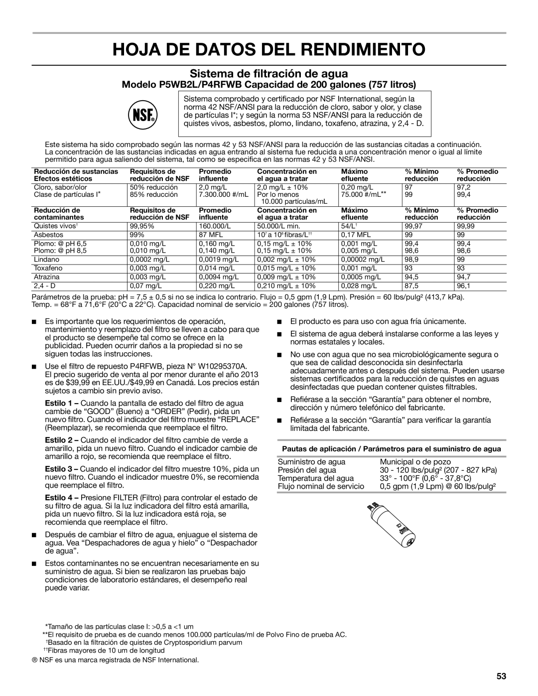 Whirlpool GSS30C6EYY installation instructions Hoja DE Datos DEL Rendimiento, Sistema de filtración de agua 