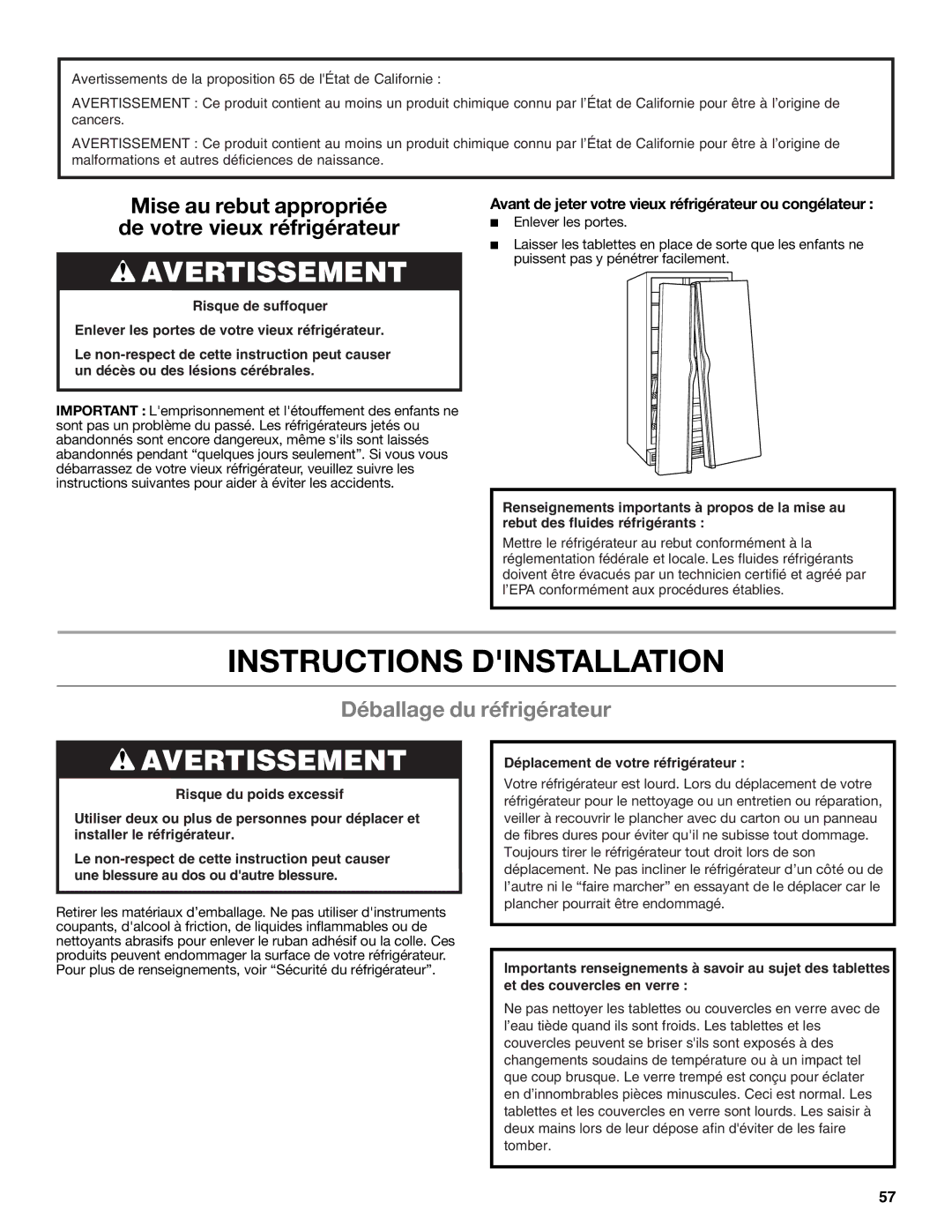 Whirlpool GSS30C6EYY installation instructions Instructions Dinstallation, Déballage du réfrigérateur 