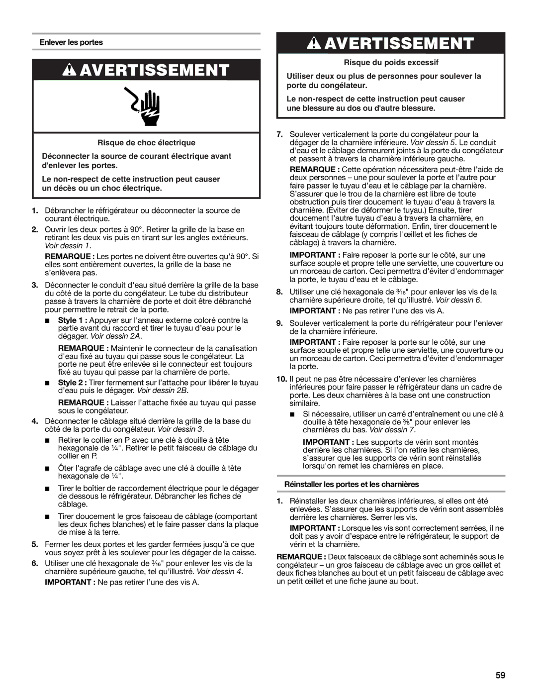 Whirlpool GSS30C6EYY installation instructions Enlever les portes, Réinstaller les portes et les charnières 