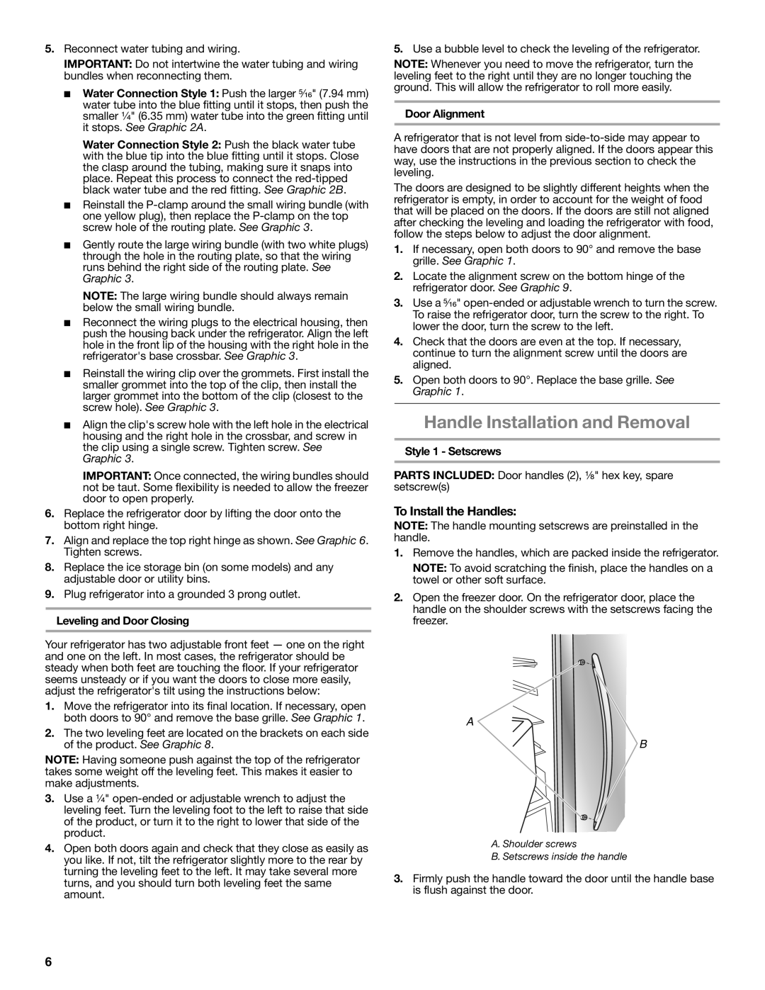 Whirlpool GSS30C6EYY Handle Installation and Removal, To Install the Handles, Leveling and Door Closing, Door Alignment 