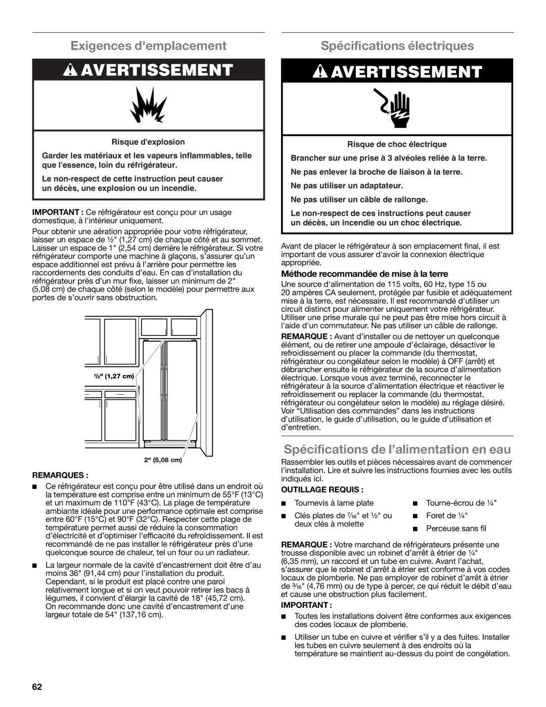 Whirlpool GSS30C6EYY Exigences demplacement, Spécifications électriques, Spécifications de l’alimentation en eau 