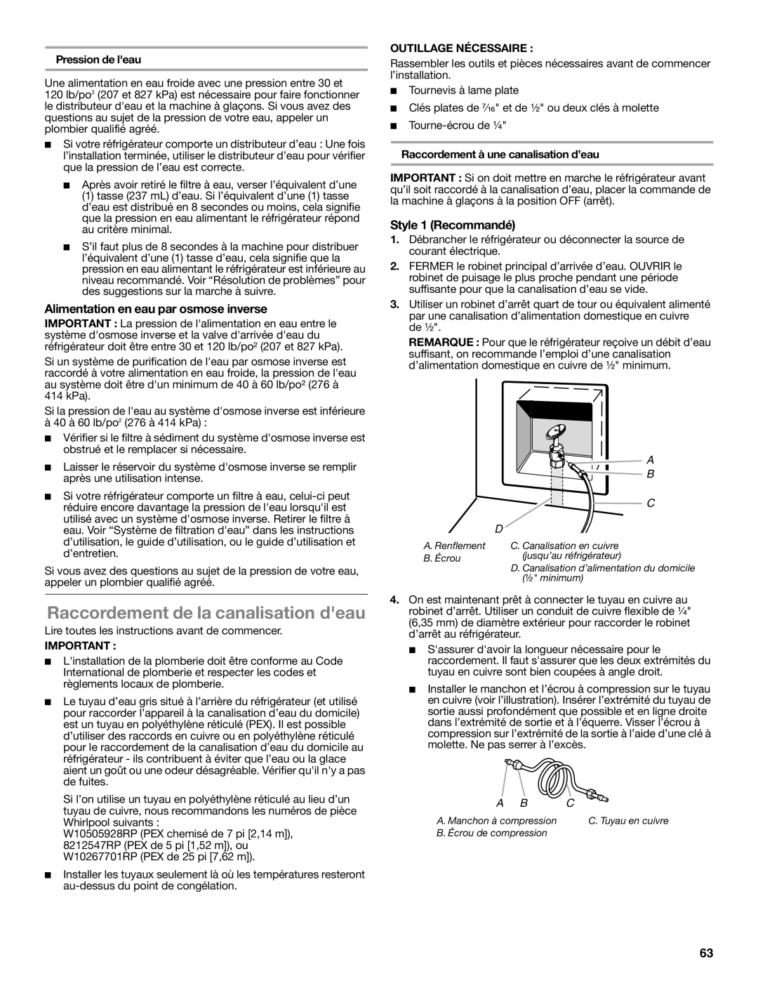 Whirlpool GSS30C6EYY Raccordement de la canalisation deau, Alimentation en eau par osmose inverse, Style 1 Recommandé 