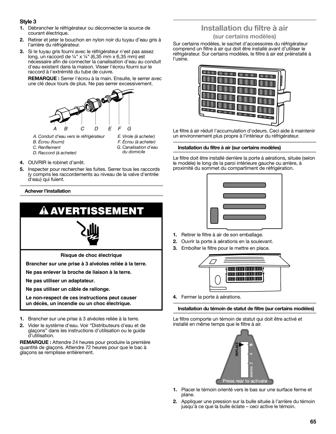 Whirlpool GSS30C6EYY installation instructions Installation du filtre à air, Achever l’installation 