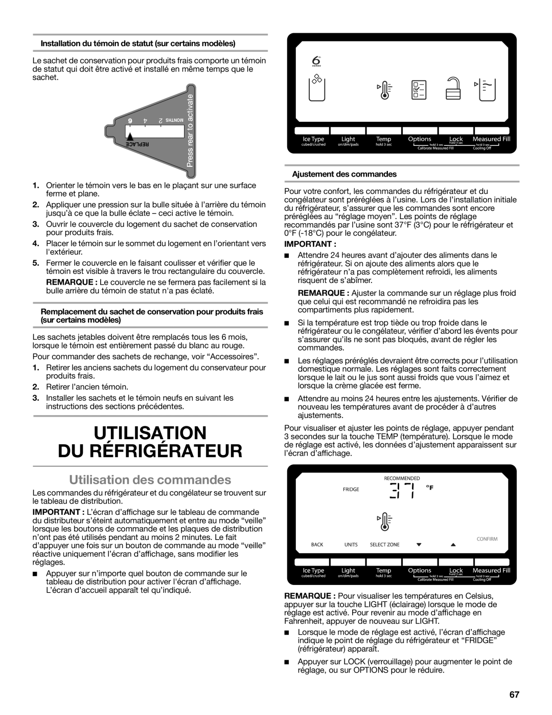 Whirlpool GSS30C6EYY Utilisation DU Réfrigérateur, Utilisation des commandes, Ajustement des commandes 