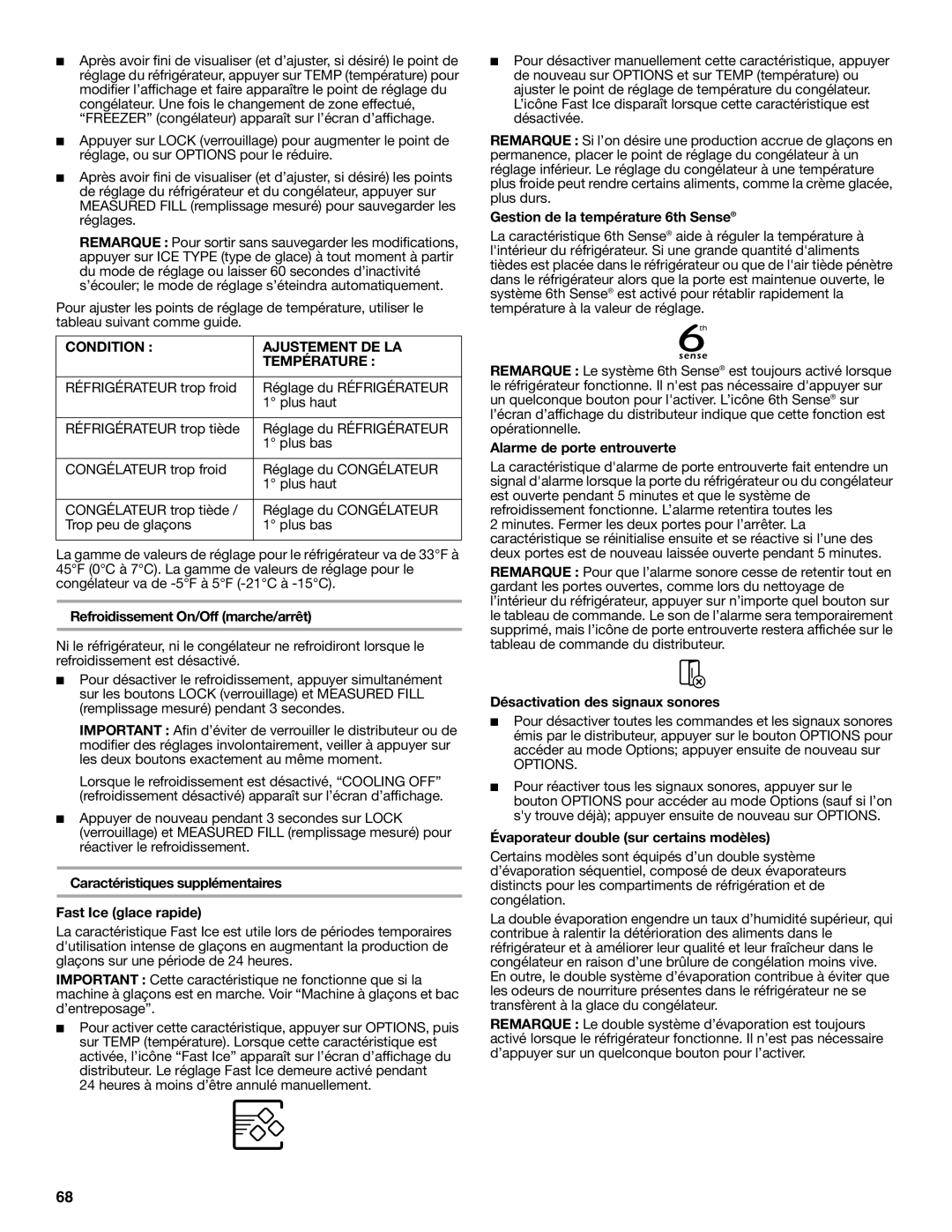 Whirlpool GSS30C6EYY installation instructions Condition Ajustement DE LA Température 