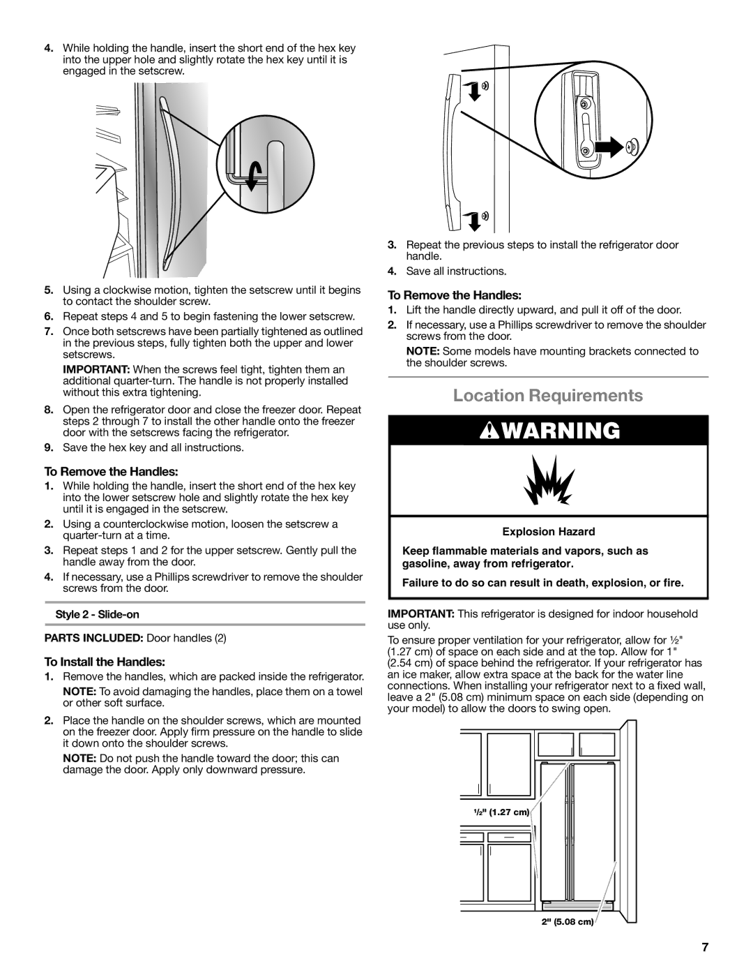 Whirlpool GSS30C6EYY Location Requirements, To Remove the Handles, Style 2 Slide-on Parts Included Door handles 