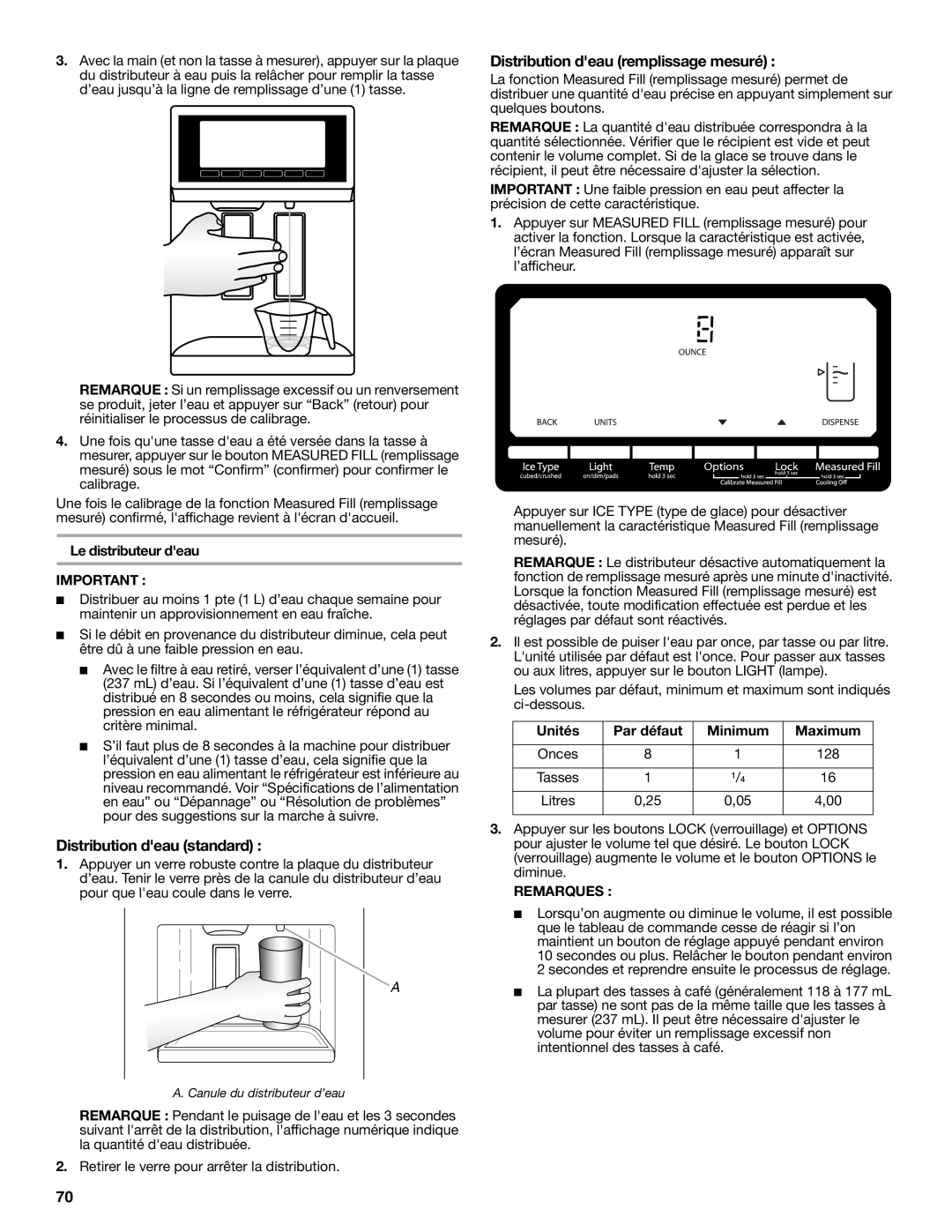 Whirlpool GSS30C6EYY Distribution deau standard, Distribution deau remplissage mesuré, Le distributeur deau 