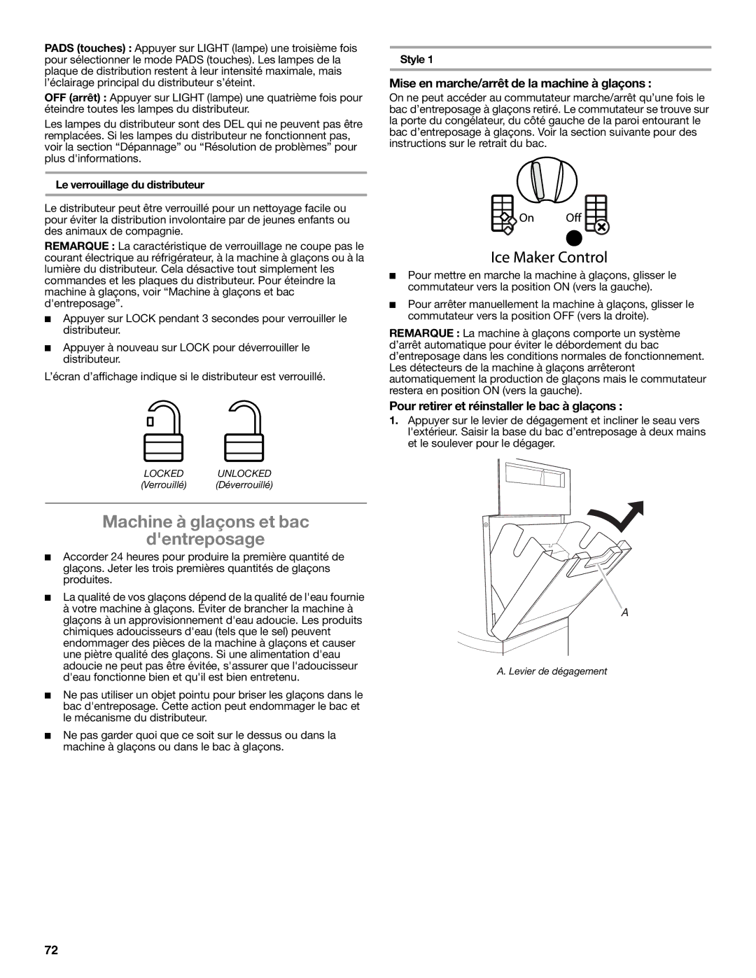 Whirlpool GSS30C6EYY Machine à glaçons et bac Dentreposage, Mise en marche/arrêt de la machine à glaçons 