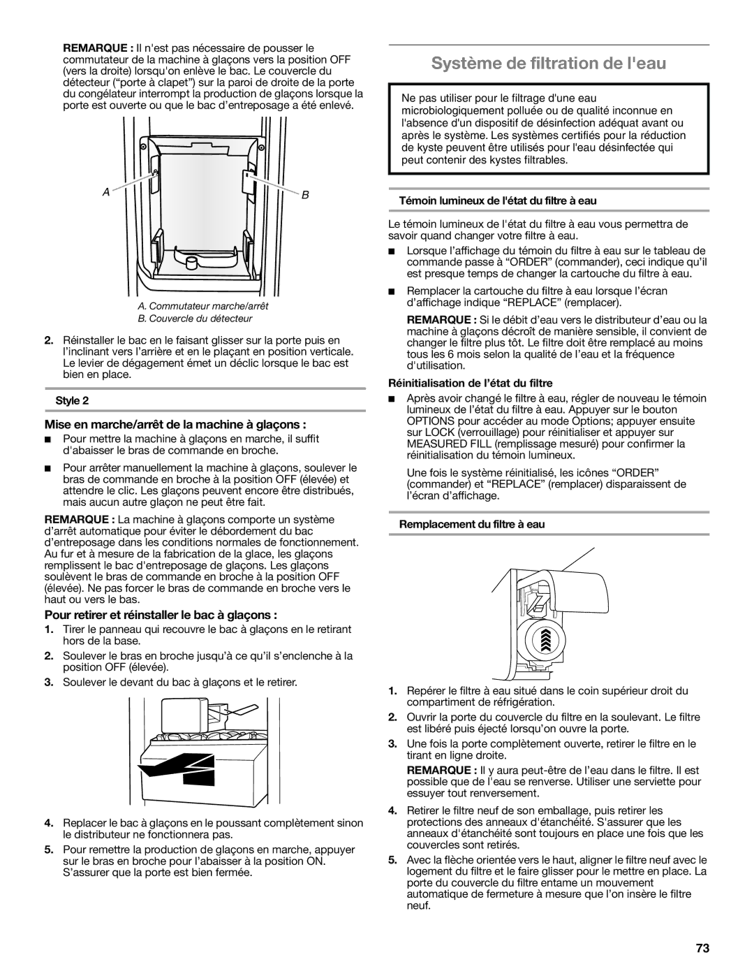 Whirlpool GSS30C6EYY Système de filtration de leau, Témoin lumineux de létat du filtre à eau, Remplacement du filtre à eau 