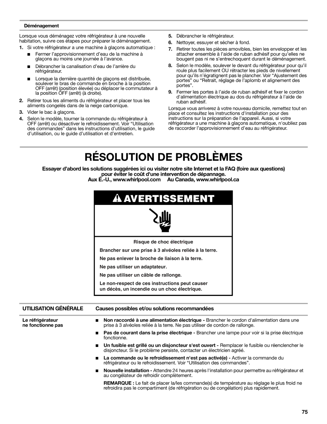 Whirlpool GSS30C6EYY Résolution DE Problèmes, Causes possibles et/ou solutions recommandées, Déménagement 