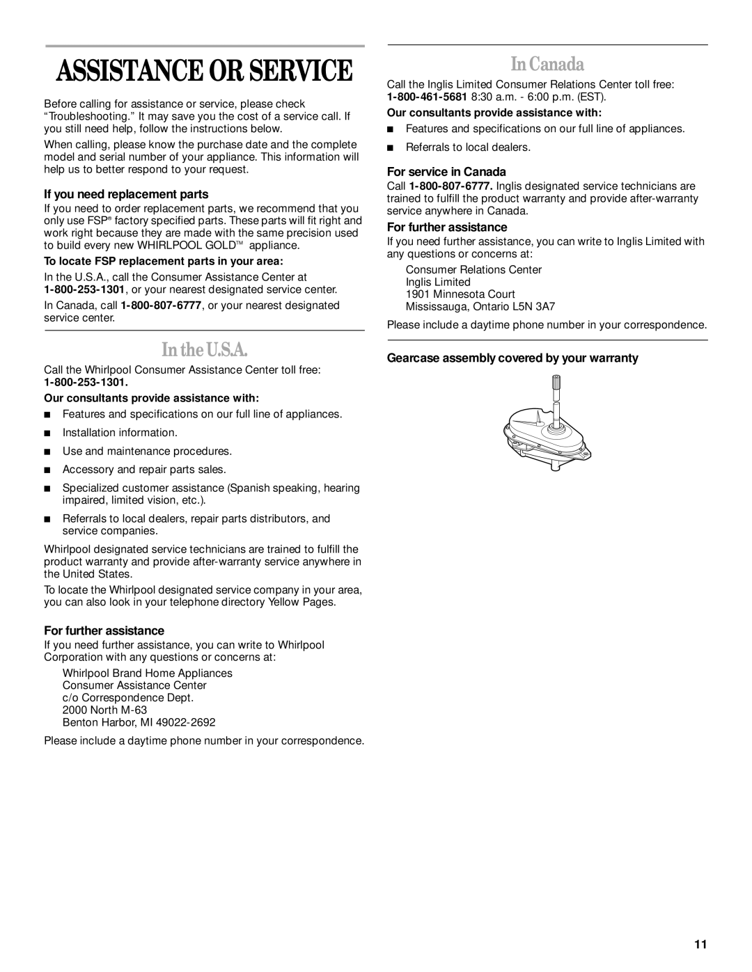 Whirlpool GST9675JQ0 manual U.S.A, Canada 