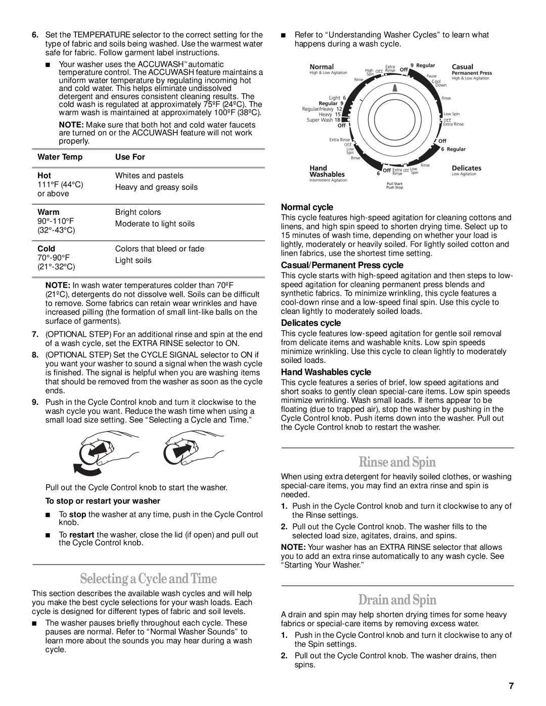 Whirlpool GST9675JQ0 manual Selecting a Cycleand Time, Rinse and Spin, Drain and Spin 