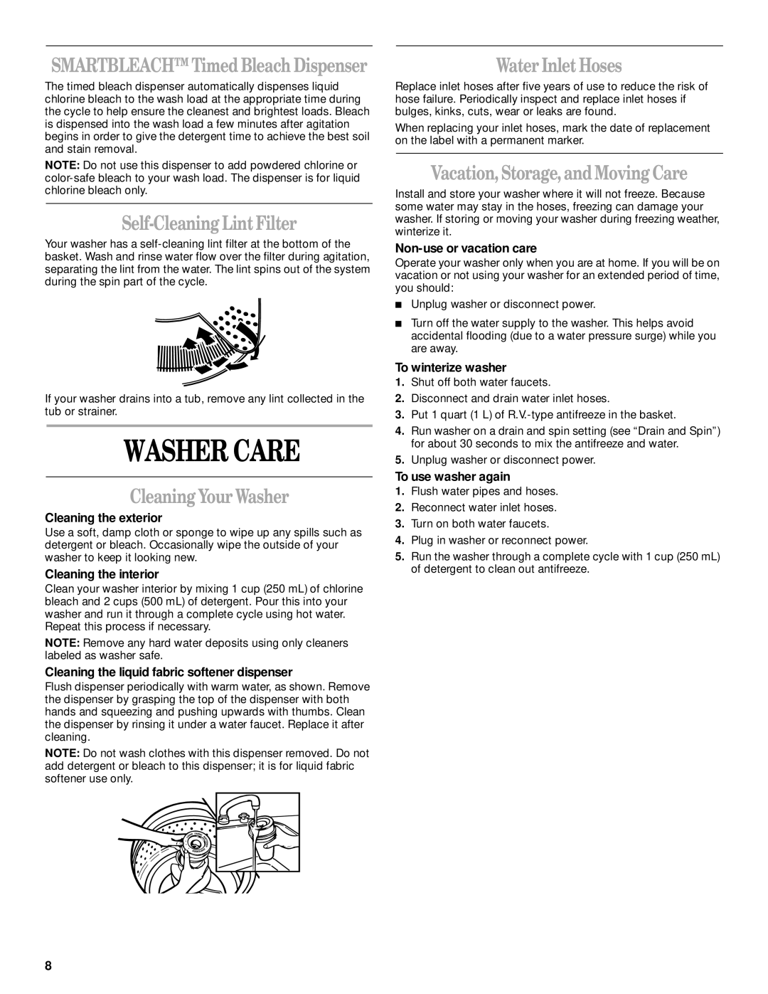 Whirlpool GST9675JQ0 manual Washer Care, Self-Cleaning Lint Filter, Cleaning Your Washer, Water Inlet Hoses 