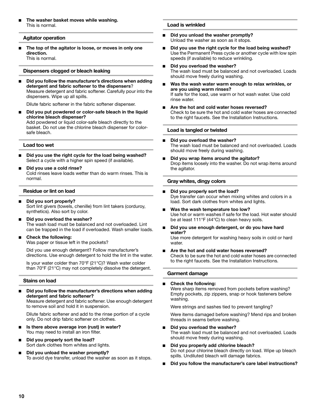 Whirlpool GST9675JQ1 manual Agitator operation, Dispensers clogged or bleach leaking, Load too wet, Residue or lint on load 