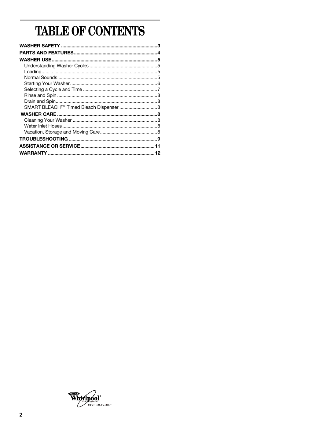 Whirlpool GST9675JQ1 manual Table of Contents 