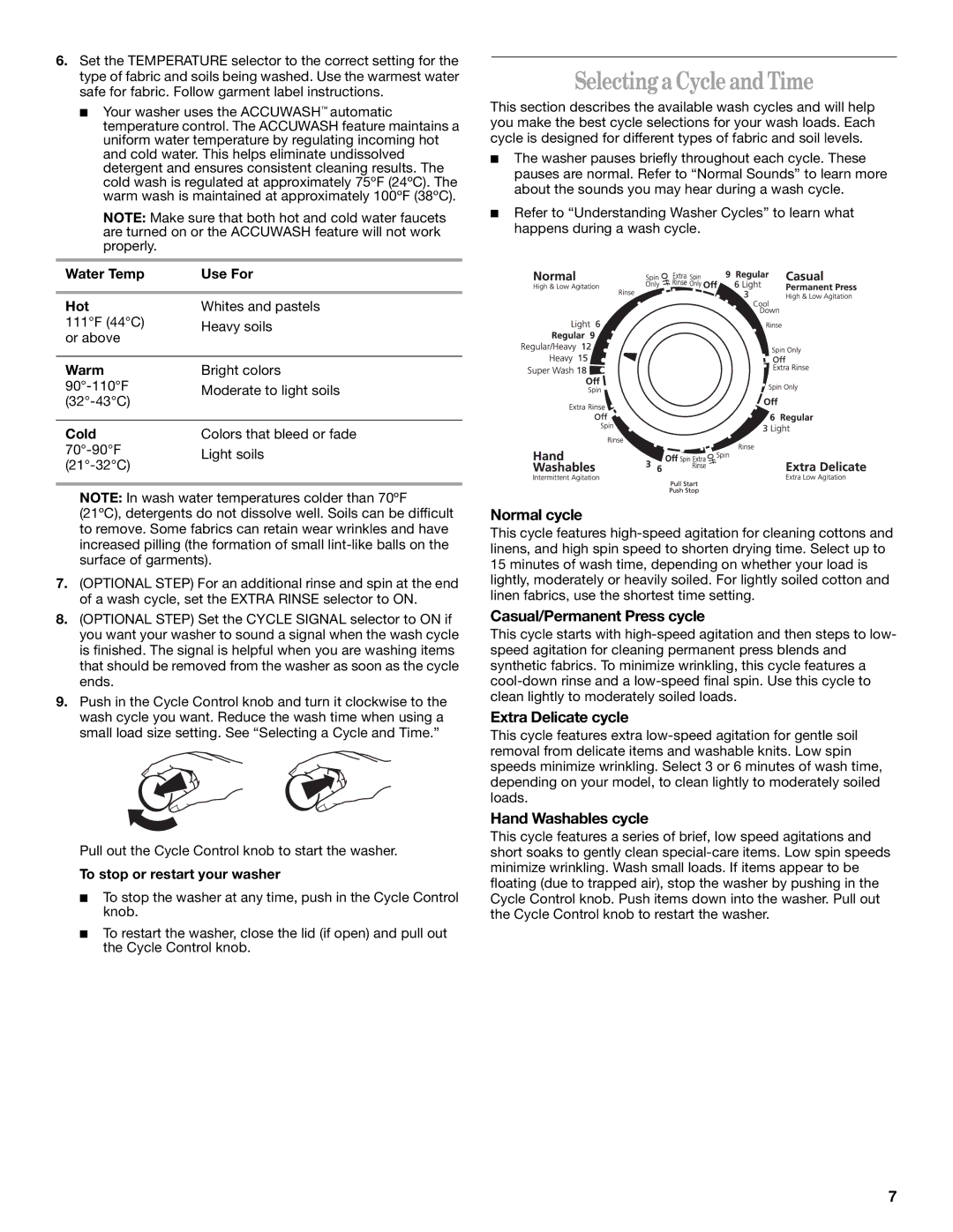 Whirlpool GST9675JQ1 manual Selectinga Cycle andTime, Normal cycle, Casual/Permanent Press cycle, Extra Delicate cycle 