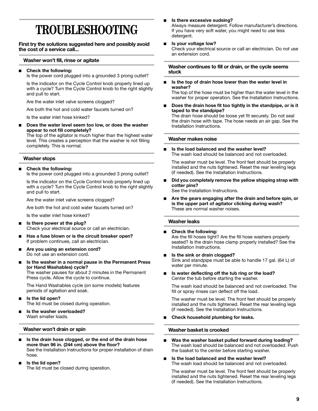 Whirlpool GST9675JQ1 manual Troubleshooting 