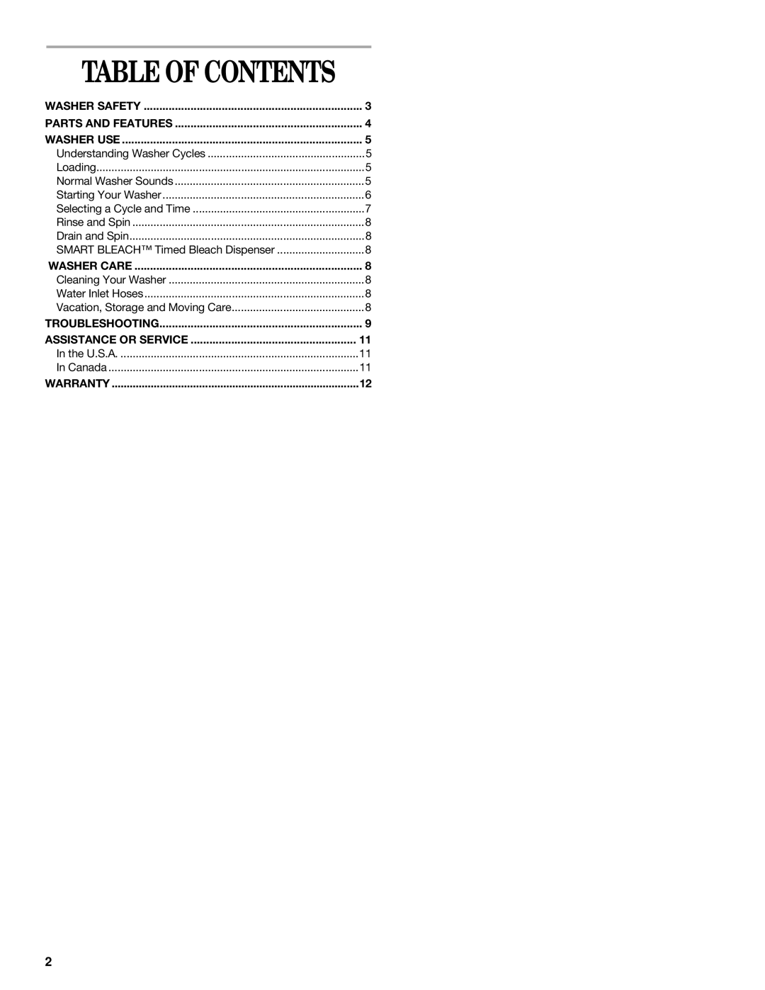 Whirlpool GSW9550KQ0 manual Table of Contents 