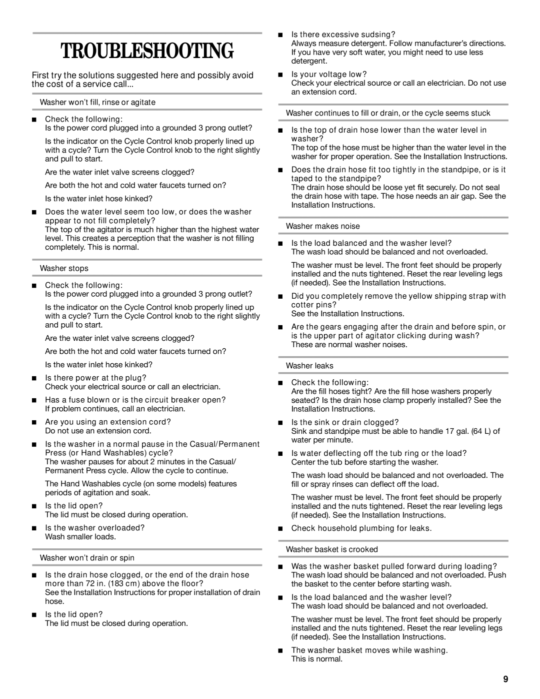 Whirlpool GSW9550KQ0 manual Troubleshooting 