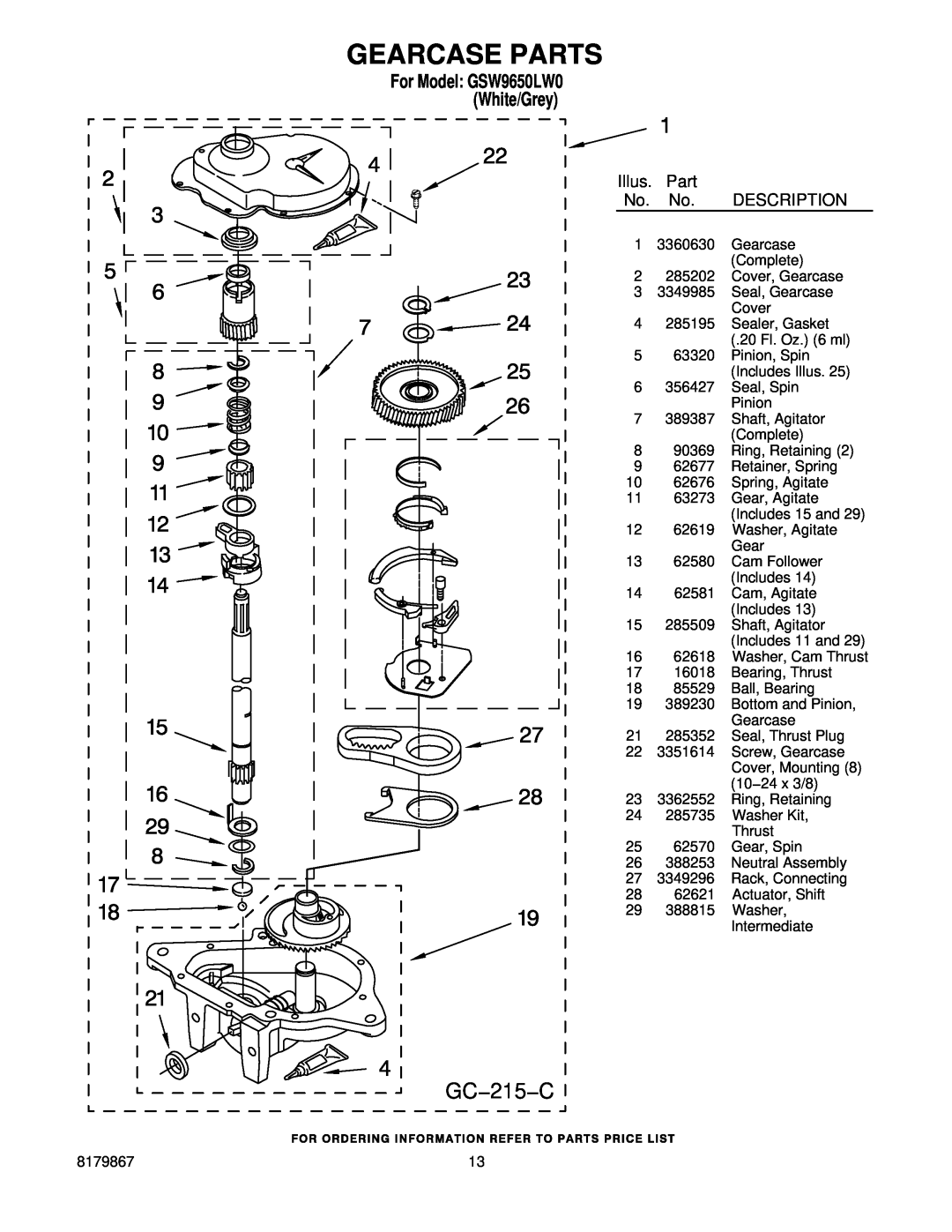 Whirlpool GSW9650LW0 manual Gearcase Parts, GC−215−C, Illus, Description 