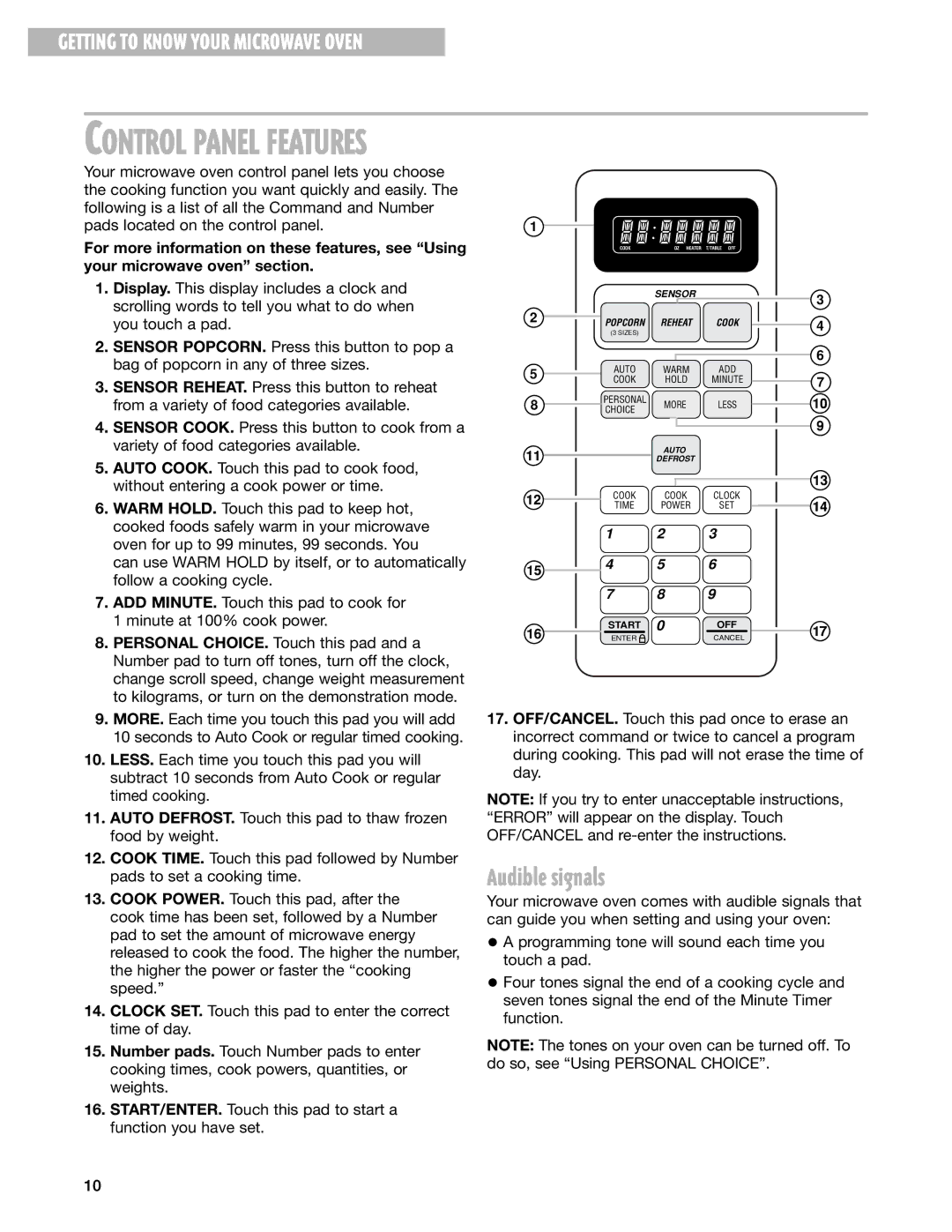 Whirlpool GT1196SH, GT1195SH installation instructions Audible signals, Control Panel Features 