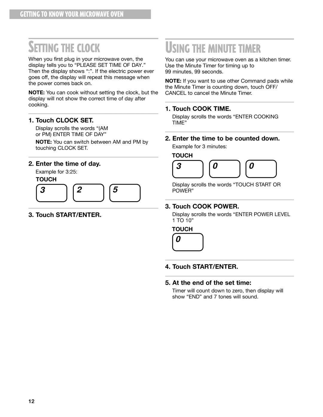 Whirlpool GT1196SH, GT1195SH installation instructions Setting the Clock 