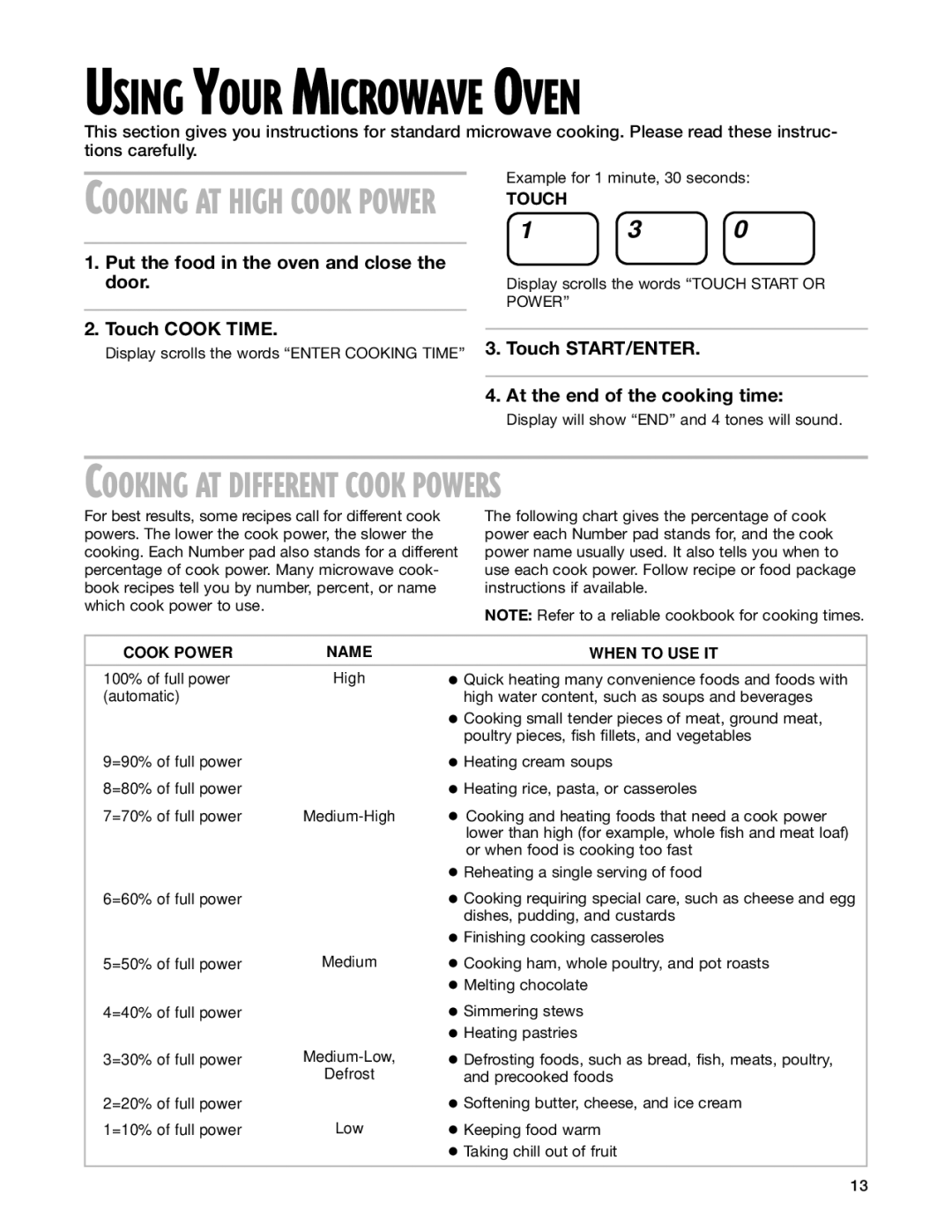 Whirlpool GT1195SH, GT1196SH installation instructions Using Your Microwave Oven, Cooking AT Different Cook Powers 