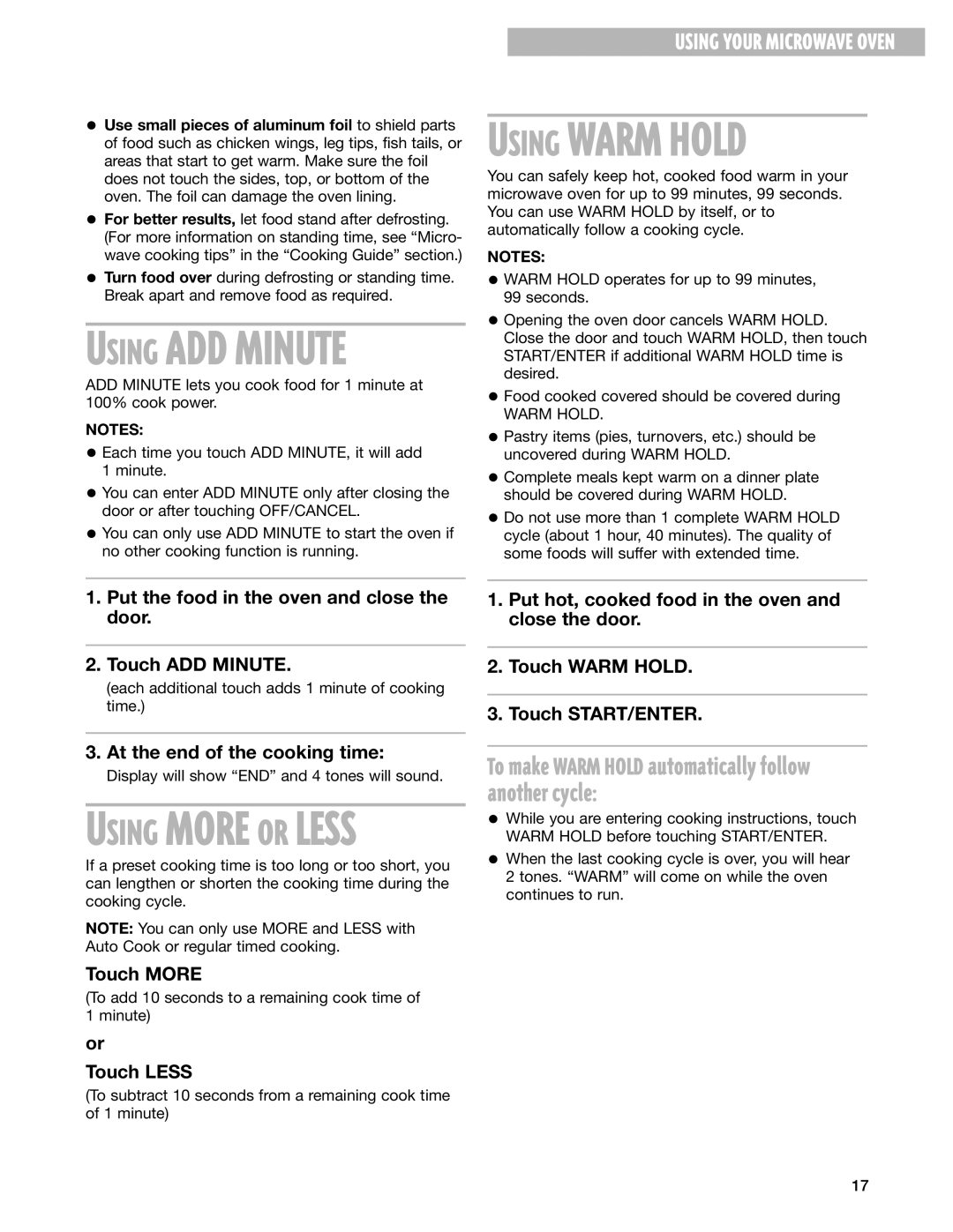 Whirlpool GT1195SH, GT1196SH installation instructions Using Warm Hold 