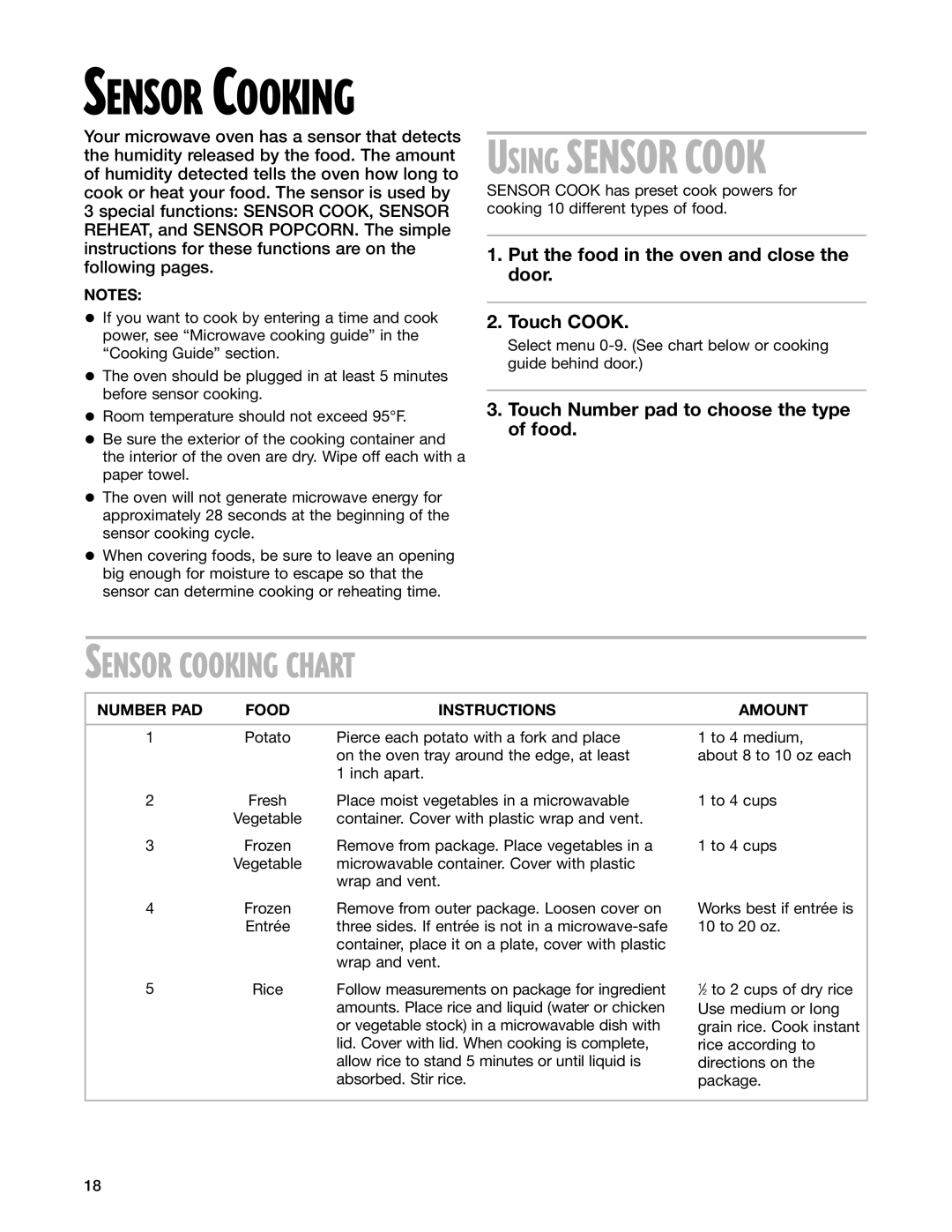 Whirlpool GT1196SH, GT1195SH installation instructions Sensor Cooking Chart, Number PAD Food Instructions Amount 