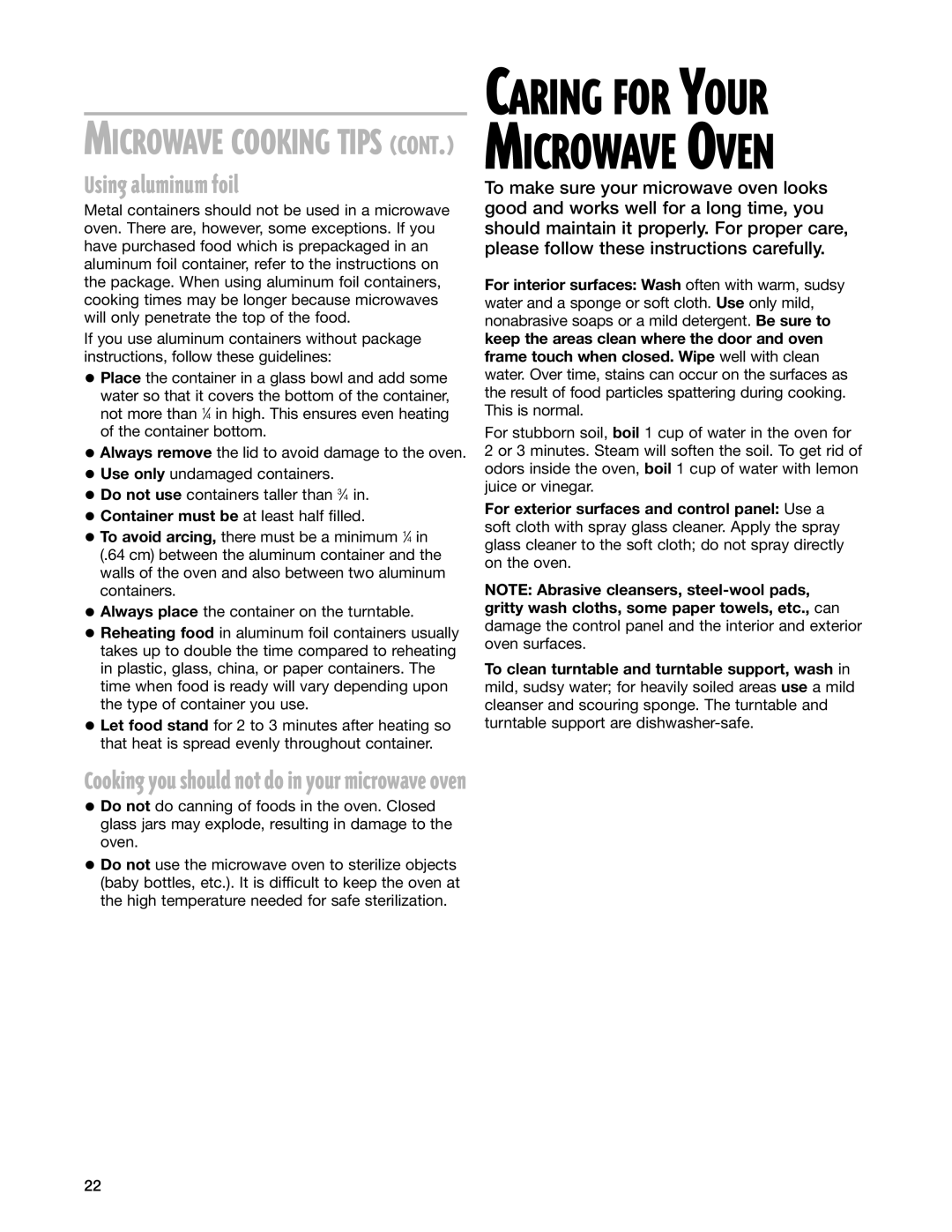 Whirlpool GT1196SH, GT1195SH installation instructions Using aluminum foil, Cooking you should not do in your microwave oven 